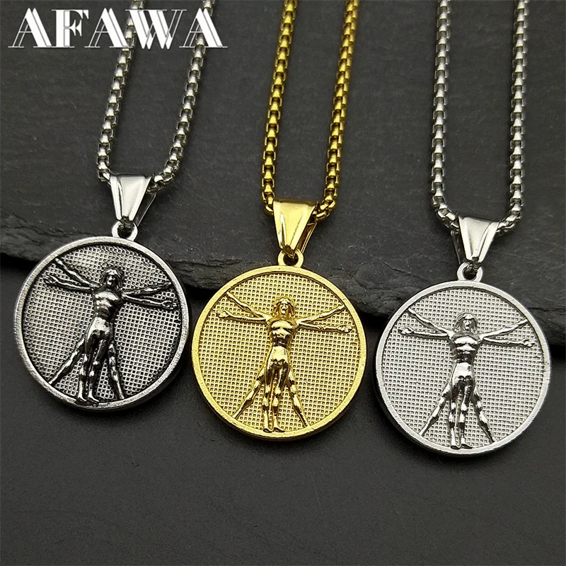 دافنشي رسم فيتروفيان رجل ميدالية مستديرة قلادة قلادة للنساء الرجال الفولاذ المقاوم للصدأ الذهب والفضة اللون الجمالية الفن مجوهرات