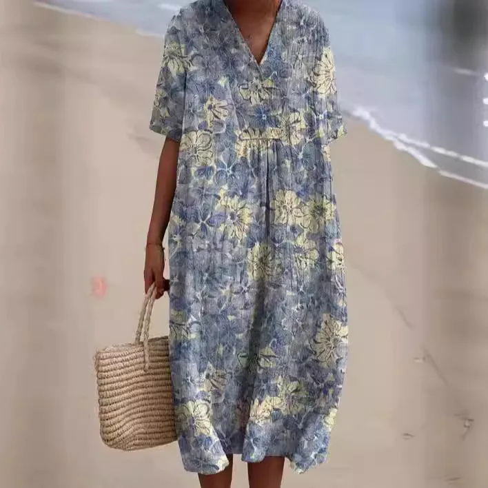 Kobiety Retro Geometria Koło Nadruk Długa Sukienka Wiosna Jednorzędowa Klapa Koszula Sukienka Letnia Puff Krótki Rękaw A-Line Boho Sukienka