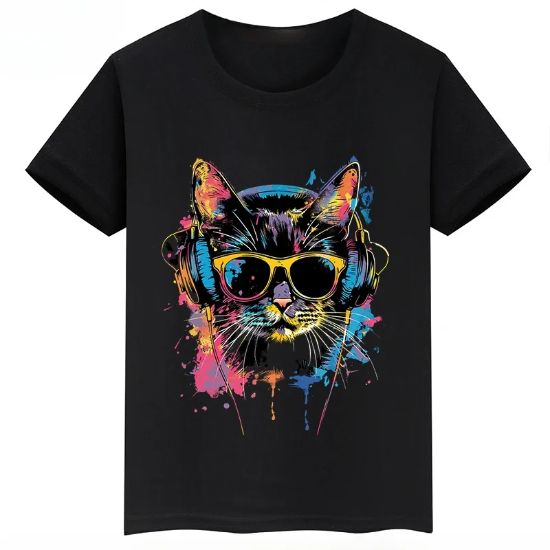 DJ Cat Printed Children\'s Clothing Summer Kid\'s Cotton Black T-shirt Casual Short-sleeved Tops for Boys and Girls Baby Tees