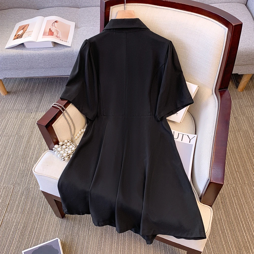 Plus size women's summer casual dress Black polyester fabric loose comfortable commuter dress button decoration 2024 new model