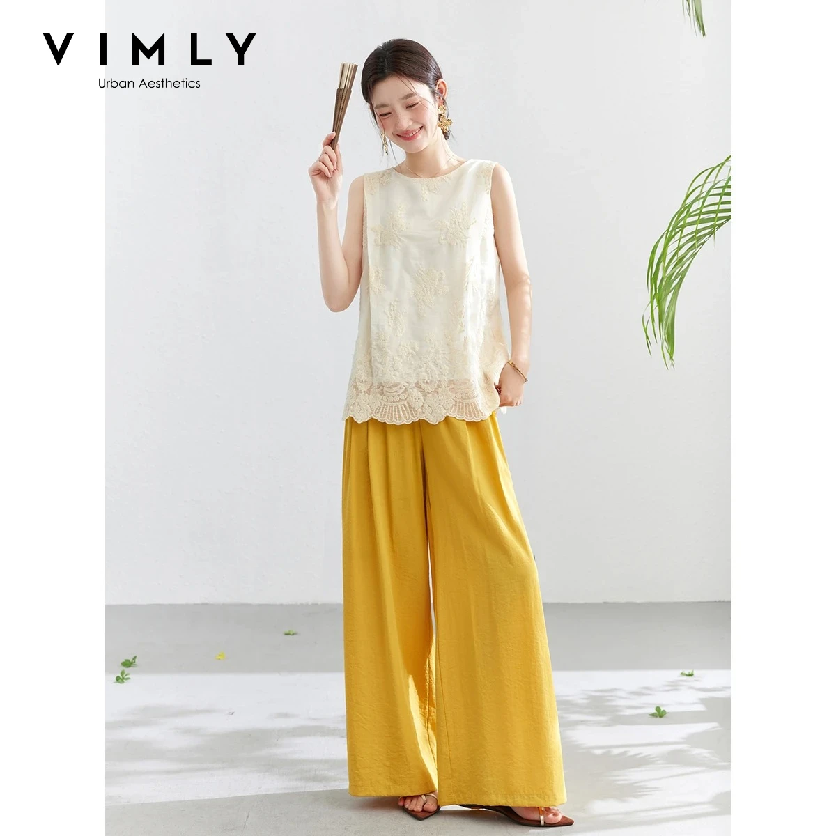 

VIMLY Casual 2 Piece Set Women 2026 Summer 3D Floral Embroidery V-Neck Sleeveless Vest Elastic Waist Wide Leg Pant Sets A6261