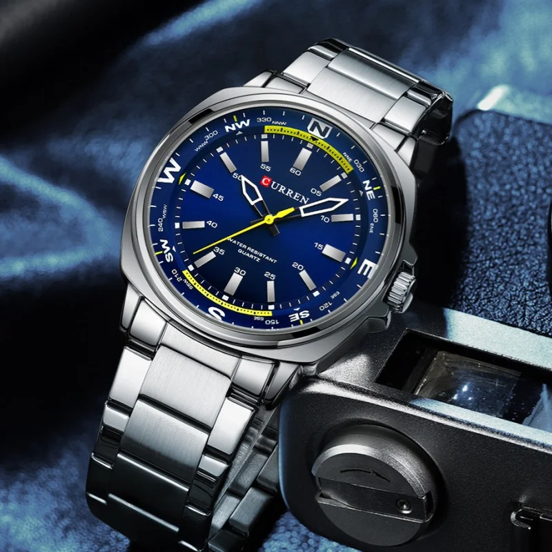 CURREN-reloj analógico de acero inoxidable para hombre, accesorio de pulsera de cuarzo resistente al agua con calendario, complemento masculino de marca de lujo con esfera grande y estilo informal, 8455