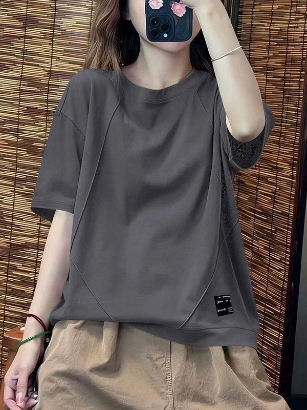 

Loose Fit round Neck Short Sleeve Women's T-shirt Casual Style Five-Quarter Sleeve Pure Color Slimming Top Breathable Cotton