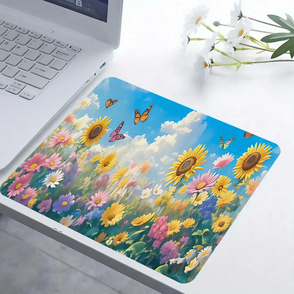 Butterfly Blue Sky Mouse Pad - Oversized desk pad, anti-slip rubber base, office and game mouse pad, bright floral design, durab