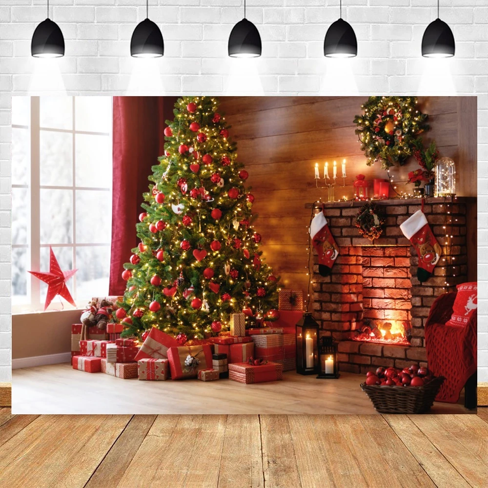 Christmas Photography Backdrop Rustic Wood House Xmas Tree Candle Interior Room Baby Portrait Family Party Photocall Background