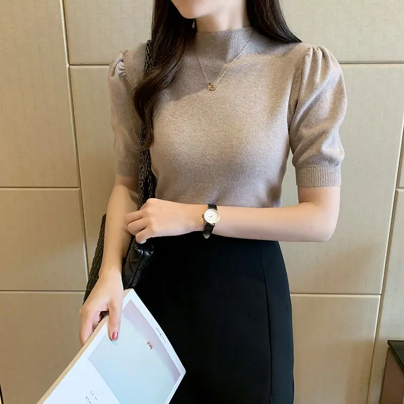 OCEANLOVE Autumn Sweaters Women Clothes Solid Puff Sleeve 2021 Elegant Pullovers Fashion Short Sleeve Sueter Ladies 18668