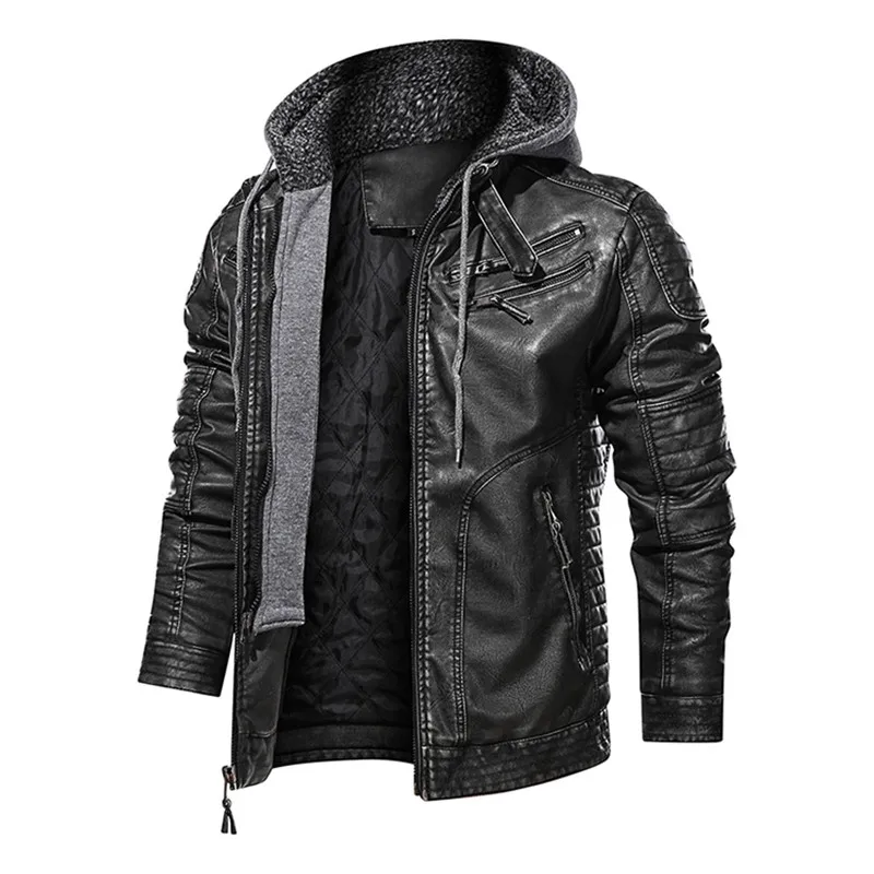 

New Retro Men's Leather Jacket Autumn Winter Motorcycle Jacket Men Casual PU Outerwear Hat Detachable Men's hooded coat