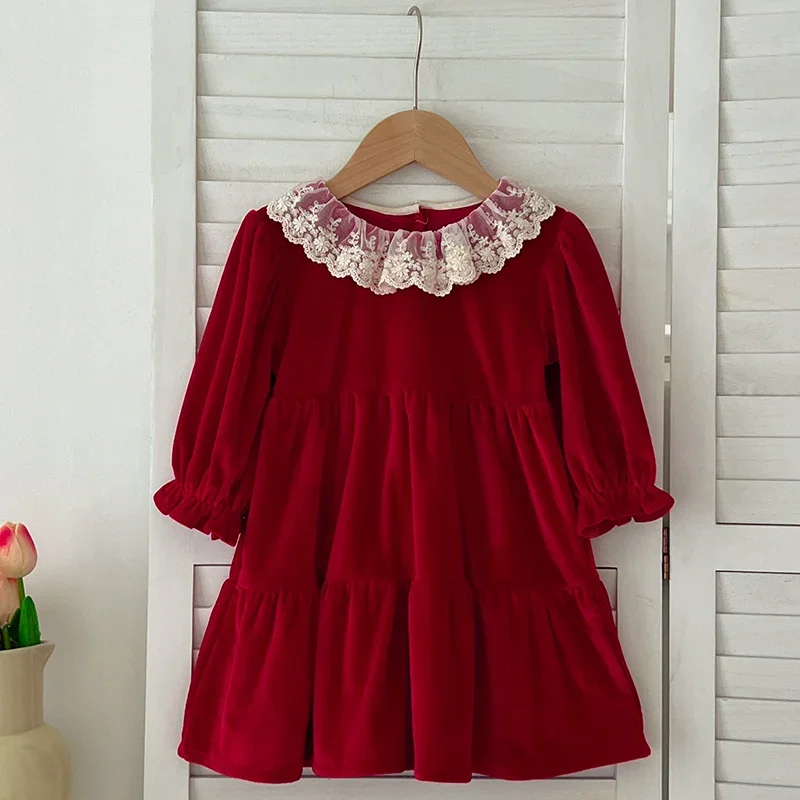 Autumn Christmas Party Dress Baby Girl Long Sleeve Ruffle Satin Finish Dress Lace Holiday Winter Wear Kid Girl Clothing New Year