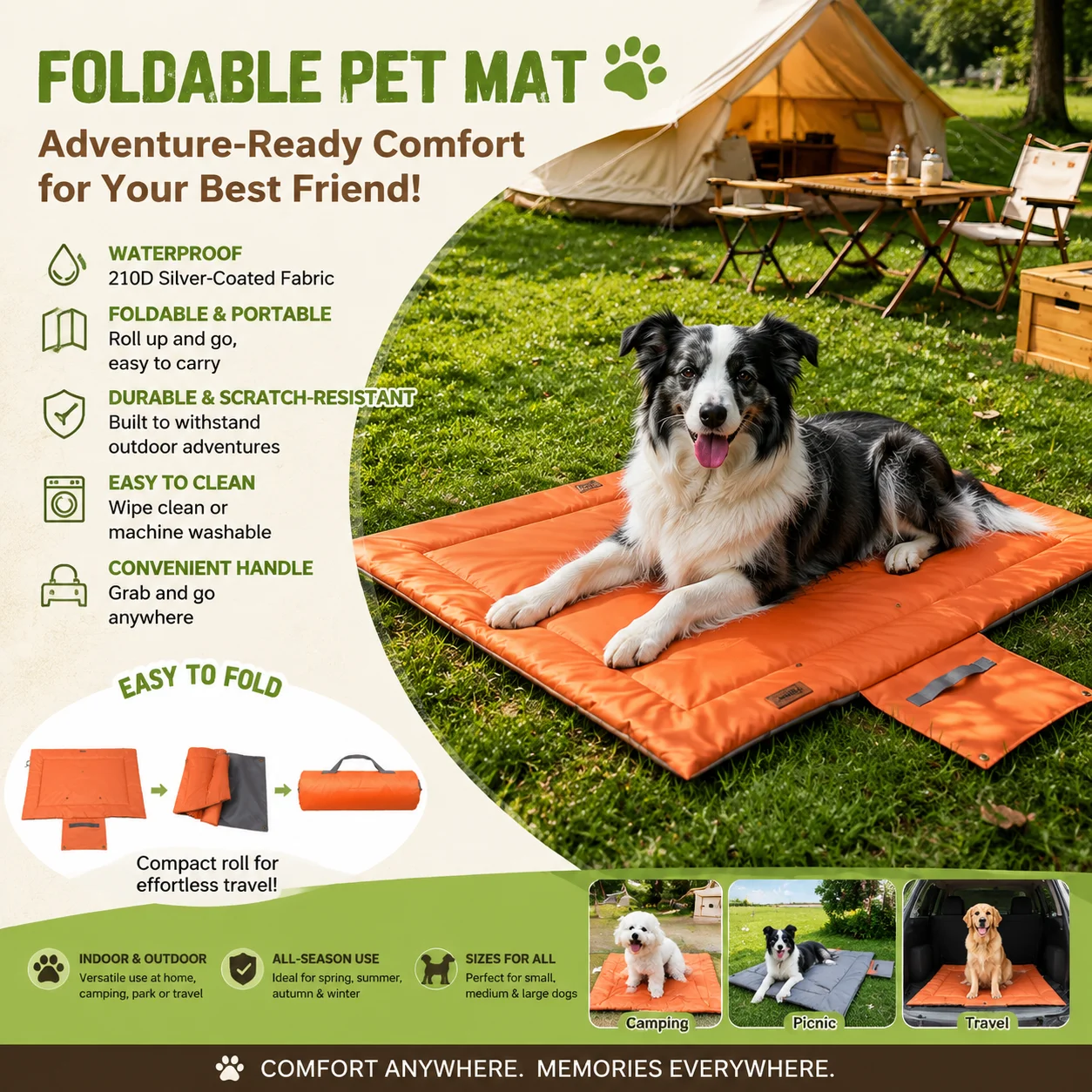 Portable Waterproof Chew Proof Dog Mat Washable Anti-Bite Cat Bed for Outdoor Adventure Easy Clean Travel Crate Pad Pet Supplies