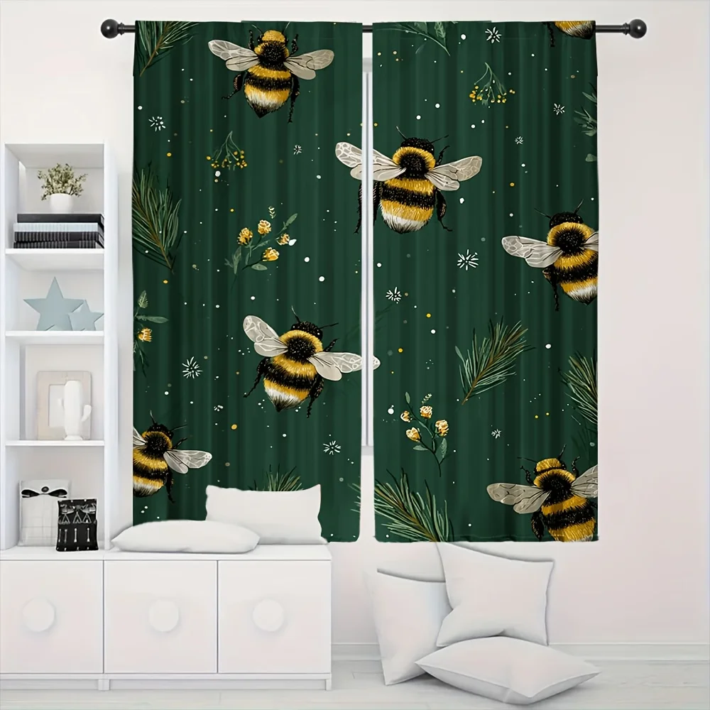 2pc Luxurious Living Room Curtains Bee and Botanical Pattern Green Foliage Printed Drapes for Modern Home Decor Window