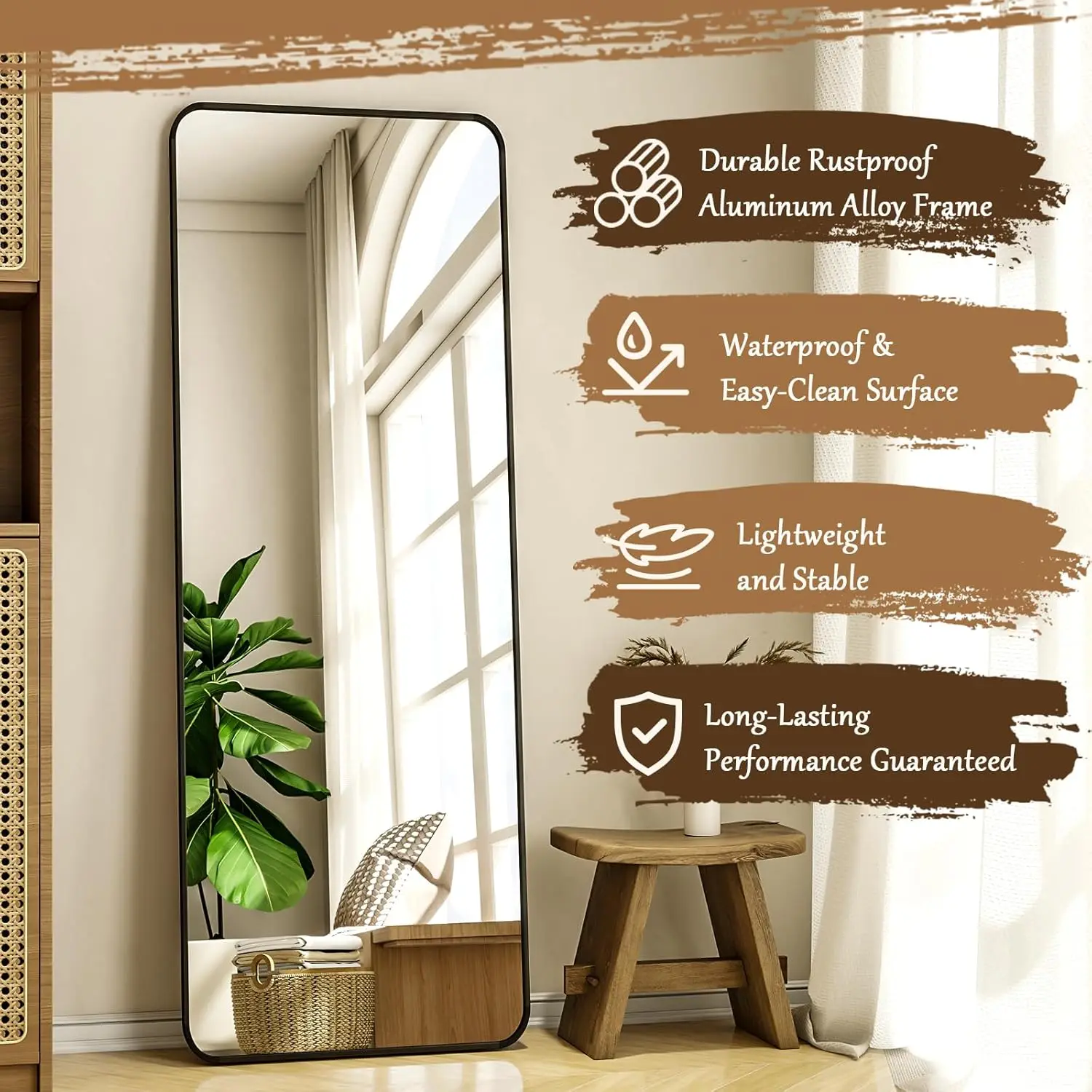 56x21 Inch Full-Length Mirror with Stand, Rounded Corners for Safety, Wall Mount or Lean, Black Frame