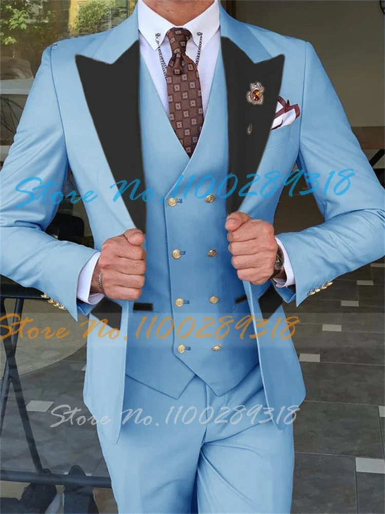 

2024 Light Blue Groom Tuxedos Men's Suit 3 Pieces Slim Fit Best Man Wedding Party Suits Tailor Made Custome Homme Blazer