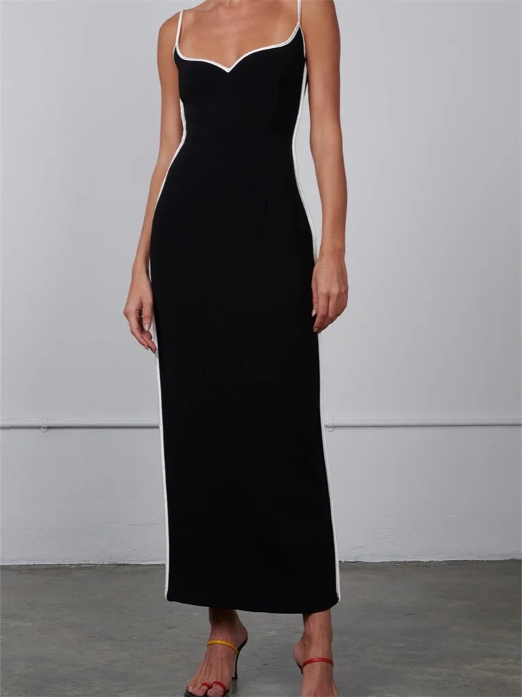 

CHRONSTYLE Women Sleeveless Strap Long Dress Black Patchwork V-neck Low Cut Slim Summer Party Back Split Dresses Female Vestidos