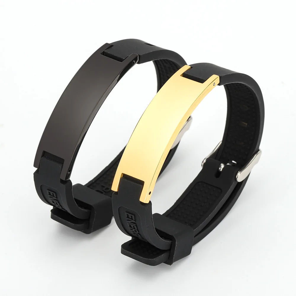 الأيونات السالبة سيليكون مكافحة ساكنة سوار الفولاذ المقاوم للصدأ شريط فارغ يمكن نقش شعار سيليكون حزام الساعات أساور