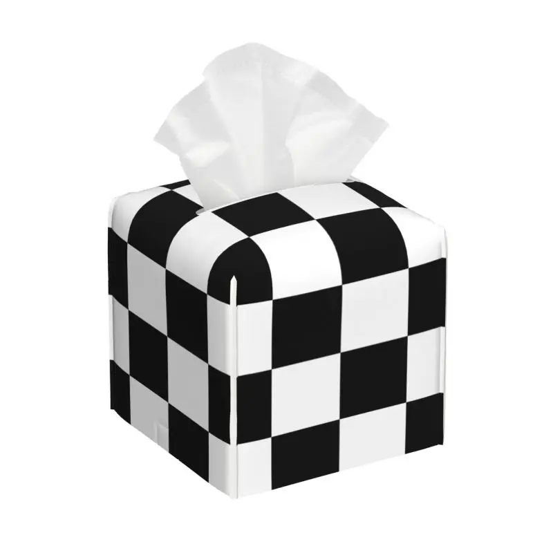 Black and White Checkered Chart PU Leather Tissue Box Cover Optician Facial Square Tissue Box Holder for Bathroom Countertop Car
