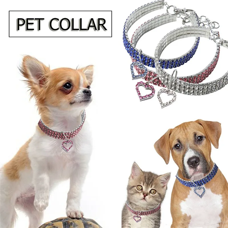 Hot Sale Shiny Universal Cat Dogs Collar Crystal Adjustable Heart Shape Neck Strap Neck Ring Cute Safety Buckle Pet Supply