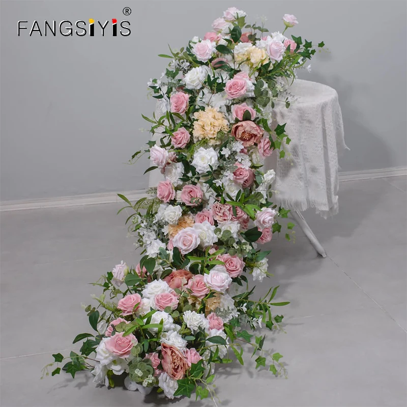 

Pink white Floral Strip Arrangement Wedding Backdrop Decor Rose Floor Flower Runner Event Table Centerpieces Ball Party Props