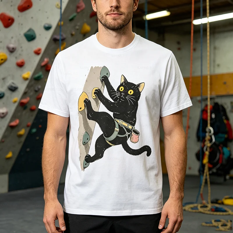 Cat Reaching Climb T-Shirt Y2k Funny Sayings about Mountain Climbing Graphic Aesthetic Clothes Personality Soft Cotton Tee Shirt