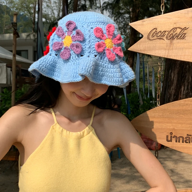 Japanese Niche Colorful Flowers Hollow Knitted Bucket Hats for Women Spring and Summer Vacation Fashion Versatile Basin Caps