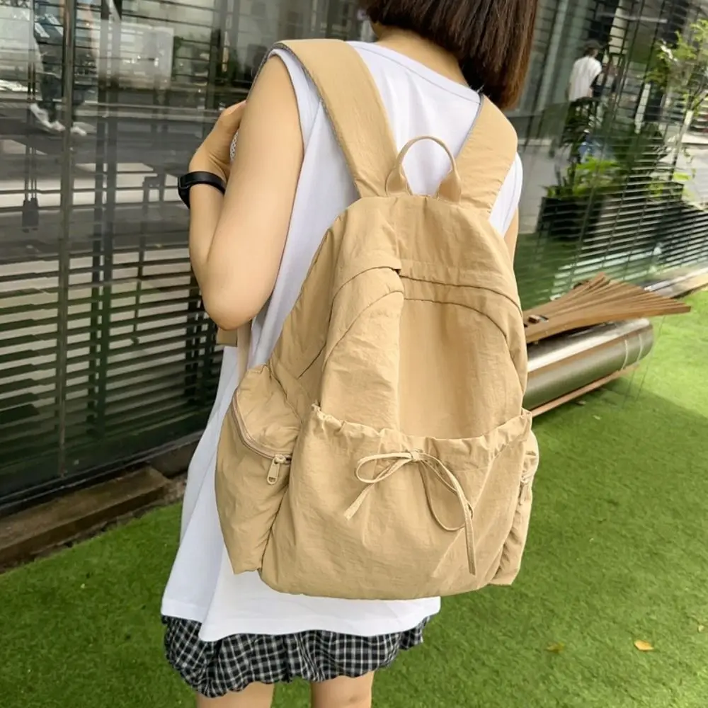 New Design Bow Wrinkle Backpack Solid Color Korean Style Nylon Lightweight Backpack Sweet Large Capacity Travel Shoulders Bag