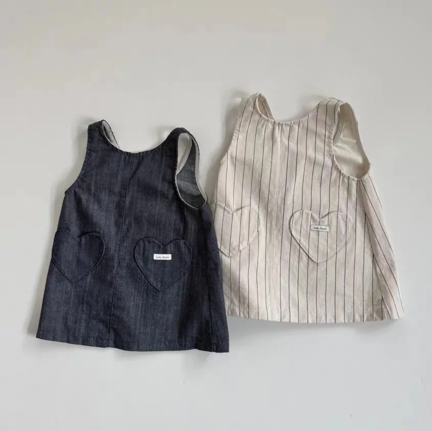 

Korean New Baby Dress Children Clothing Girls Spring Washed Cotton Elastic Heart Suspender Dress Korean Sleeveless Dress