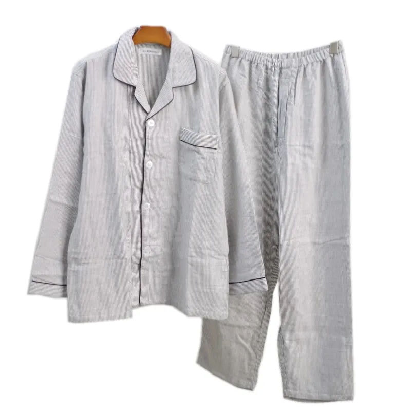 Spring Autumn Men Casual Striped Pajama Sets Male 100%Cotton Sleepwear Suit Plus Size Long Sleeve Turn-down Collar Shirt & Pants