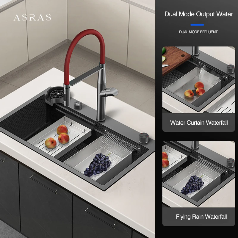 ASRAS Single Large Size Nanometer Honeycomb Embossing Handmade Kitchen Sinks With Embedded Waterfall Faucet Island Sinks