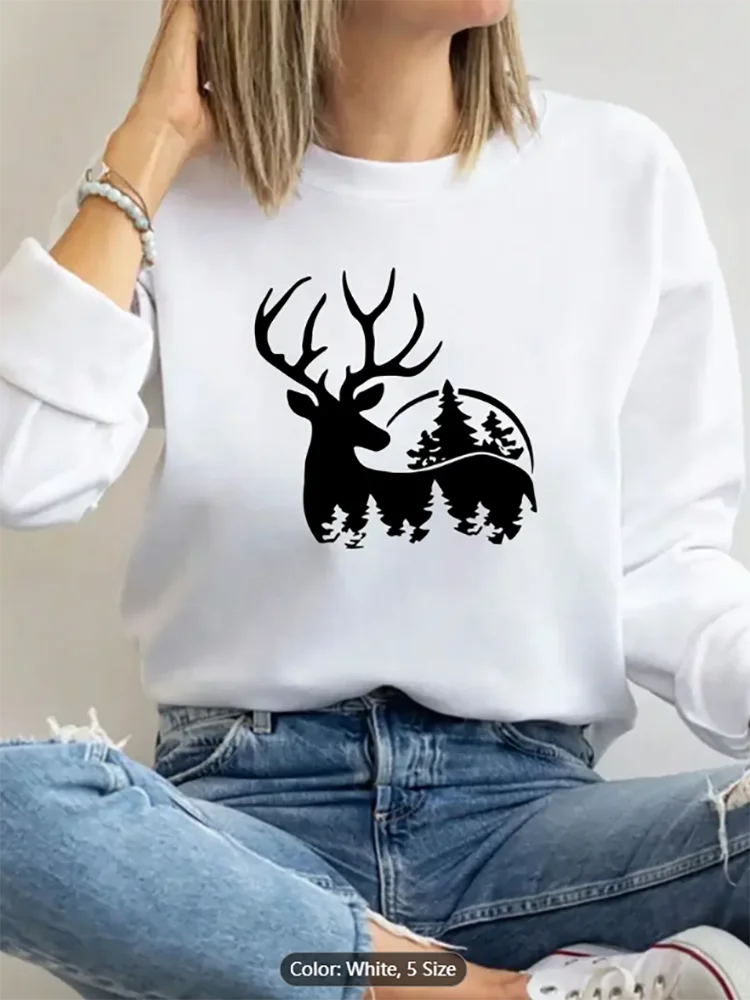 Womens Silvery Grey Sweatshirt Deer Forest Graphic Print Casual Oversized Pullover Top for Outdoor Style Lovers Pure Cotton