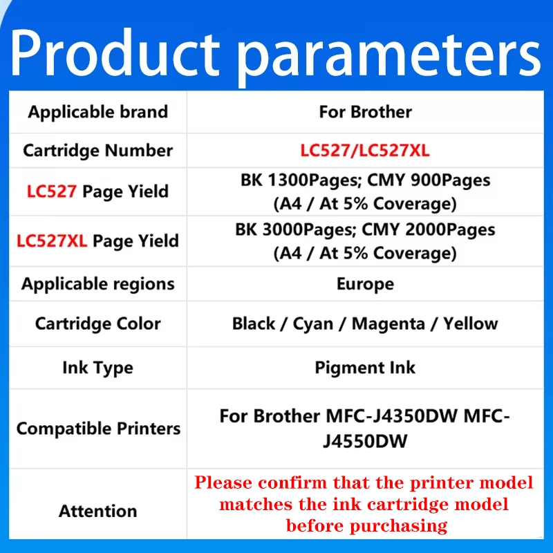 

LC527XL 527XL LC-527 Совместимый картридж с высокой емкостью для принтеров Brother MFC-J4350DW, MFC-J4550DW