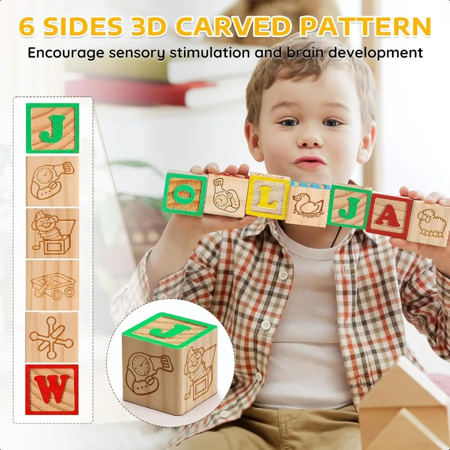 SainSmart Jr. Bloques ABC de madera, 40 Uds., bloques apilables, letras del alfabeto para bebés, juego de bloques de construcción para contar para niños pequeños de 1,2 pulgadas