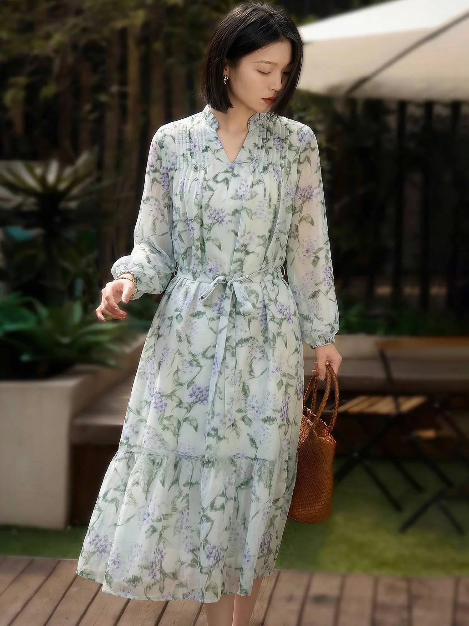 

Chivirin Romantic Floral Print Long Sve V-Ne Belted Waist Midi Dr Women's Spring Faion 2026 Holiday Sle A-Line Skirt