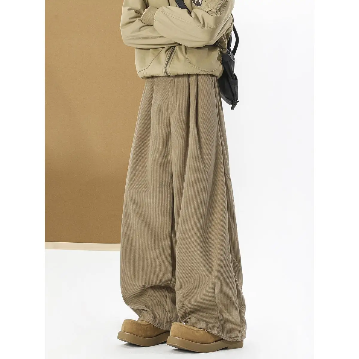 

Khaki Corduroy Men's Pants Fleece Lined Wide Leg Loose Fit Heavy Duty Drapey American Casual Style Autumn Winter Trousers