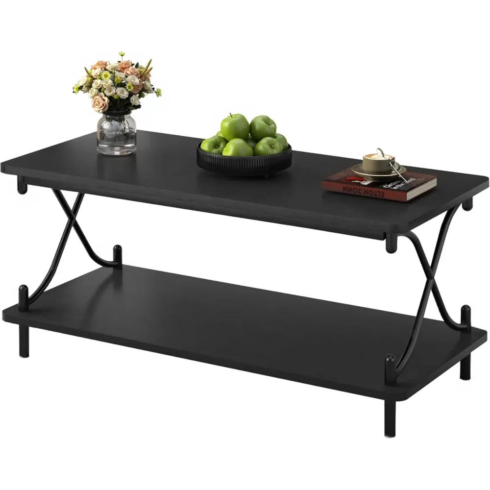 

39-Inch Coffee Table with Storage and Open Shelves for Living Dining Room, Modern Rectangle & Industrial Design, X-Shape Frame