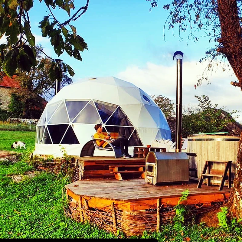 For Exhibition Halls 6m-10m Geodesic Dome Tent Igloo Glamping with Bathroom Stove and Soundproof Walls for Trade Shows
