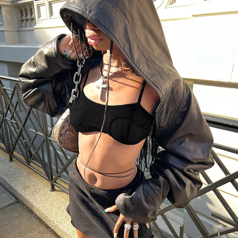 BKLD 2024 Gothic Crop PU Leather Hooded Jacket Women Motorcycle Long Sleeve Backless UltraShort Y2K Streetwear All Match Outwear