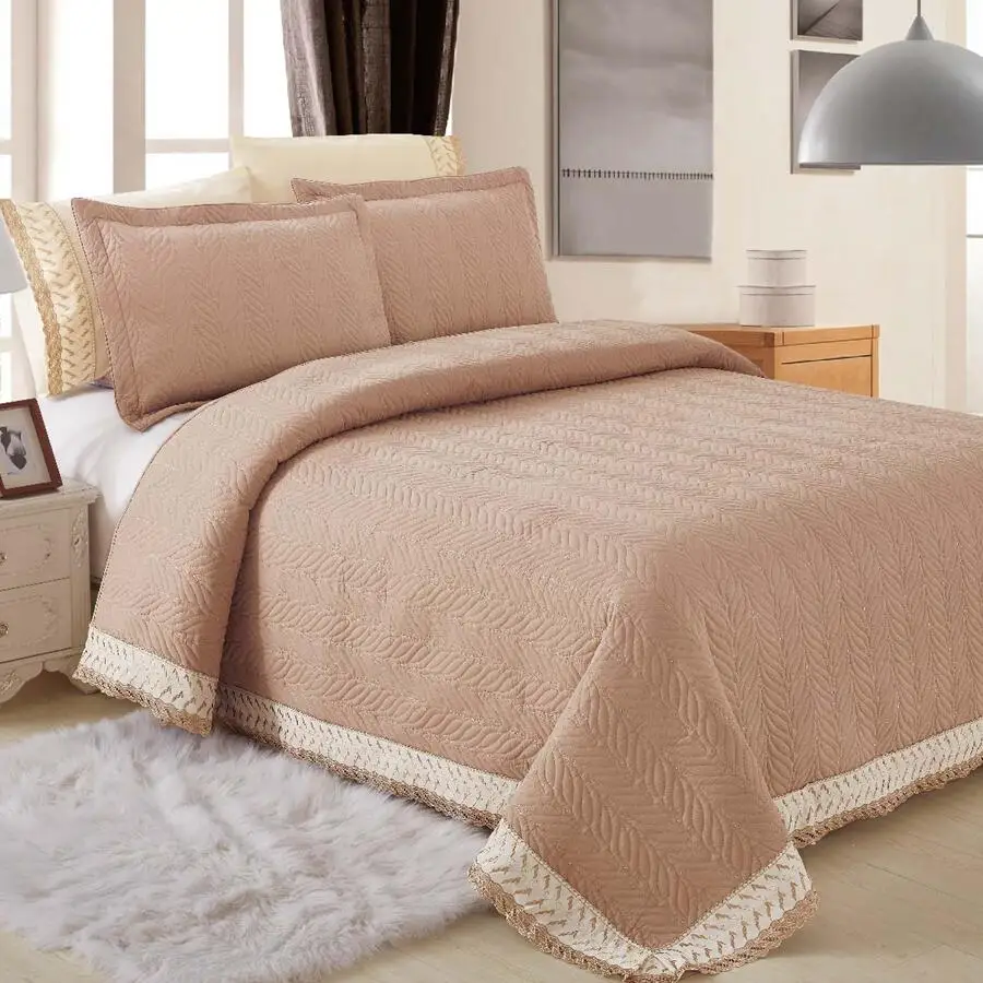 3pcs Bedding Set Polycotton Embroidery Quilted Bedspread Available Double Single Sizes Plain Embroidered Patterns Home