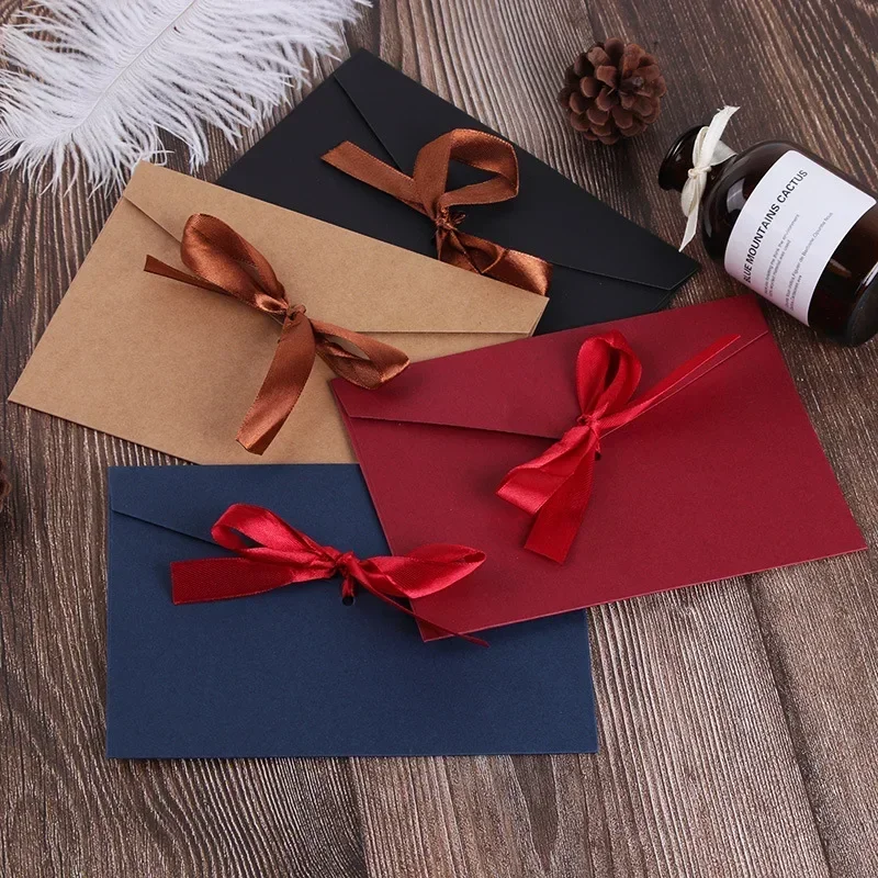 5pcs Creative Ribbon Paper Envelope Solid Thick Writing Paper Cover Wedding Birthday Party Holiday Gift Packging Office Supplies