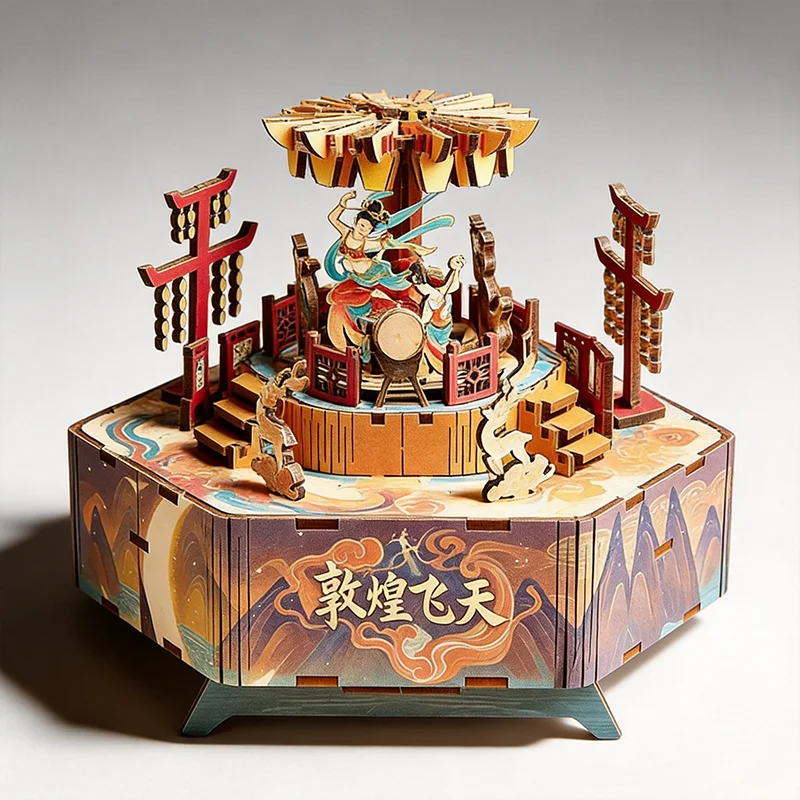 Dunhuang Flying Apsaras DIY Music Box Rotatable Wooden Assembly Vintage Chinese Art Decor Handcraft Gift
