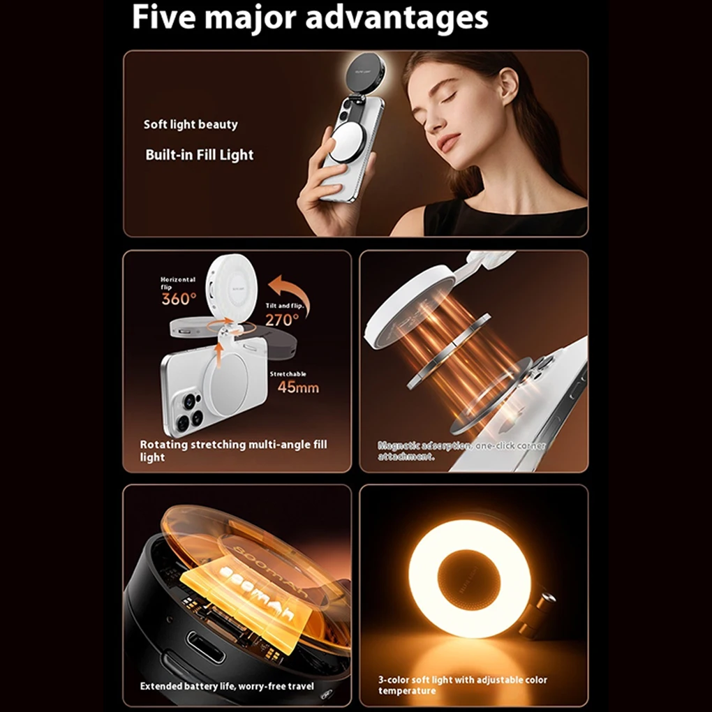 Illuminate Selfies Adjustable Brightness Fill Light For Smartphone Photography 360 Degree Rotation black