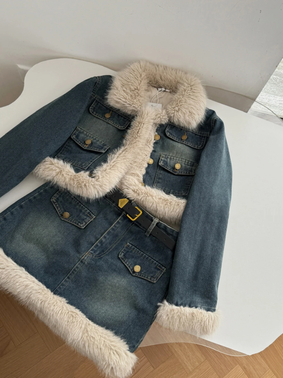 Korean Style Denim Suit Women Autumn Long Sleeve Patchwork Fur Short Jacket + High Waist A-line Skirt Women's Clothing