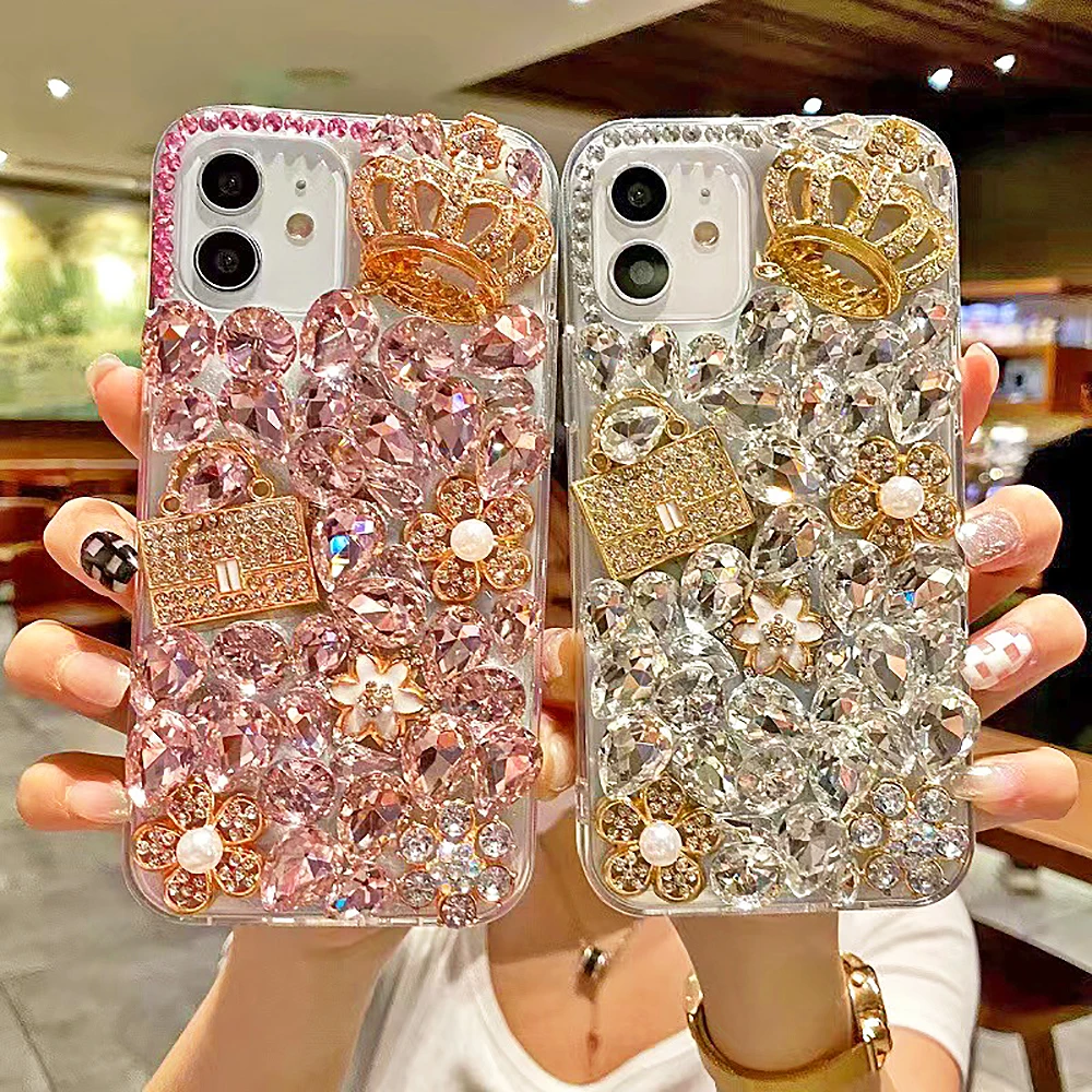 Glitter Diamond Crown Bag Pearl Flower Clear Phone Case For iPhone 14 13 12 11 Pro Max X XR XS 7 8 Plus Rhinestone Back Cover