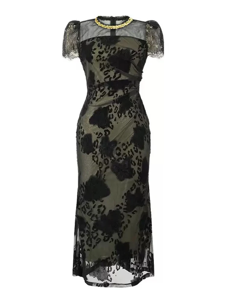 ชุดเดรสผู้หญิงสีดำผ้าตาข่ายซีทรูเซ็กซี่ คอทรงโอ ทรงเข้ารูป สำหรับงานกลางคืน หรูหรา สง่างาม แฟชั่นสำหรับสุภาพสตรี งานปาร์ตี้ งานพรอม งานวันเกิด ชุดราตรีแบบใหม่