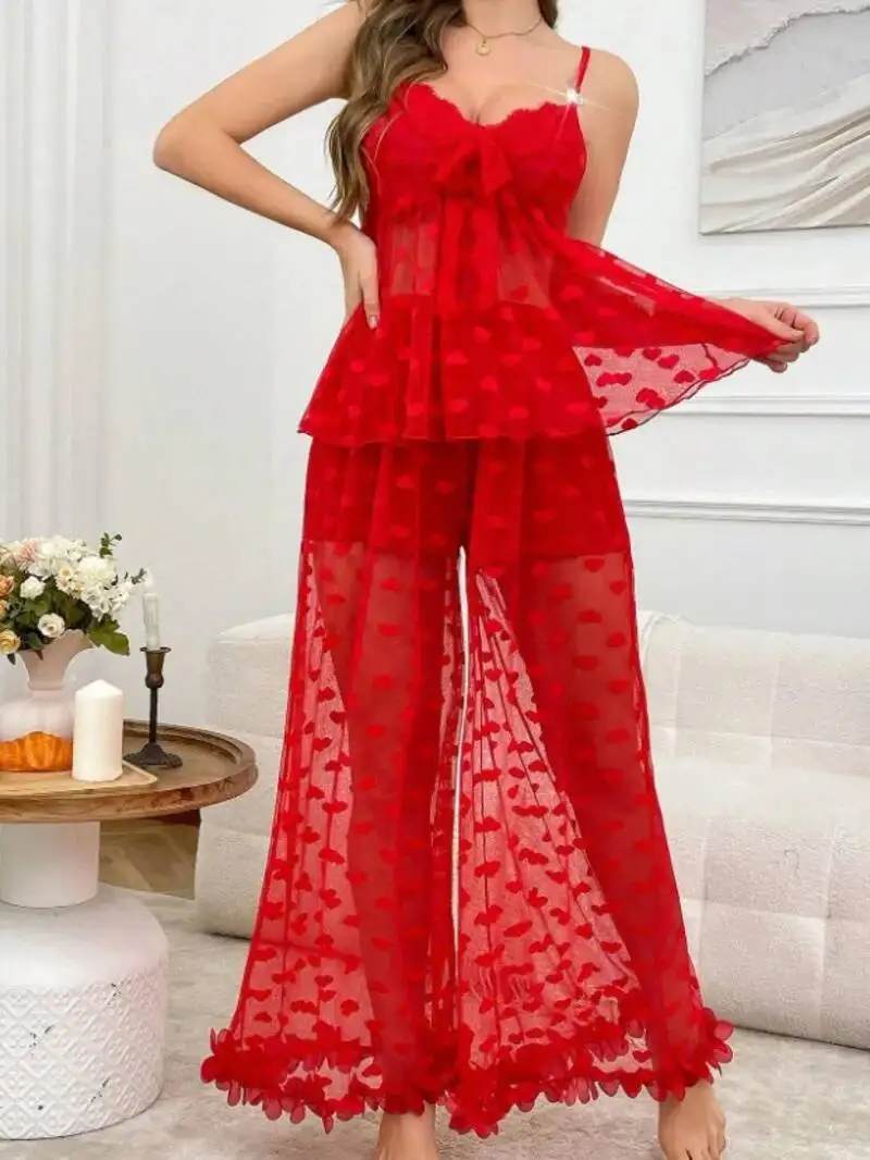 Sexy Pants Sets Women's Mesh Transparent Strap Love Heart Pajamas Homewear Pants Sets Casaul Pure Desire Elegant Charming X86N