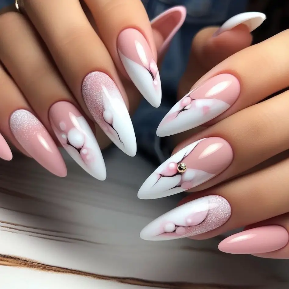 24 szt. Kwiatowe, pełne pokrycie, długie migdałowe sztuczne paznokcie z złotym, błyszczącym pudrem, naklejane paznokcie, połączone sztuczne tipsy.