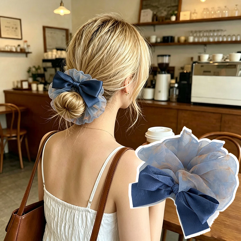 1PC Chouchou en organza doux avec grand nœud en satin, élastique pour cheveux, élégant, pour femme, usage quotidien, mariage, accessoires pour queue de cheval