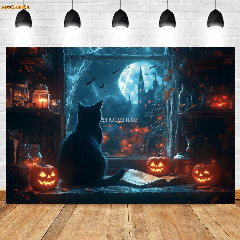 Forest Pumpkin Halloween Night Decor Photography Backdrop Horror Light Castle Kids Party Decor Photo Background Studio Props