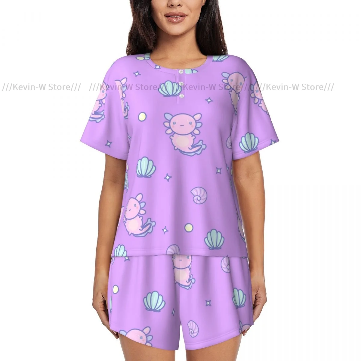 Women Pajamas Set Cute Small Axolotls And Seashells Homewear Two-Piece Short-Sleeved Short