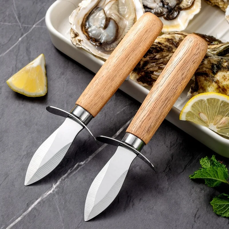 Stainless Steel Oyster Knife with Wooden Non-Slip Handle Seafood Scallop Pry Tools Shellfish Seafood Opener