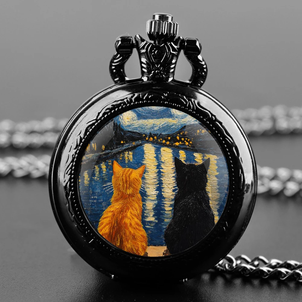 Vintage Quartz Pocket Watch Starry Sky Cat Design Clock Chain Jewelry Pendant Clock Birthday Gift for Women Men Pocket Watches