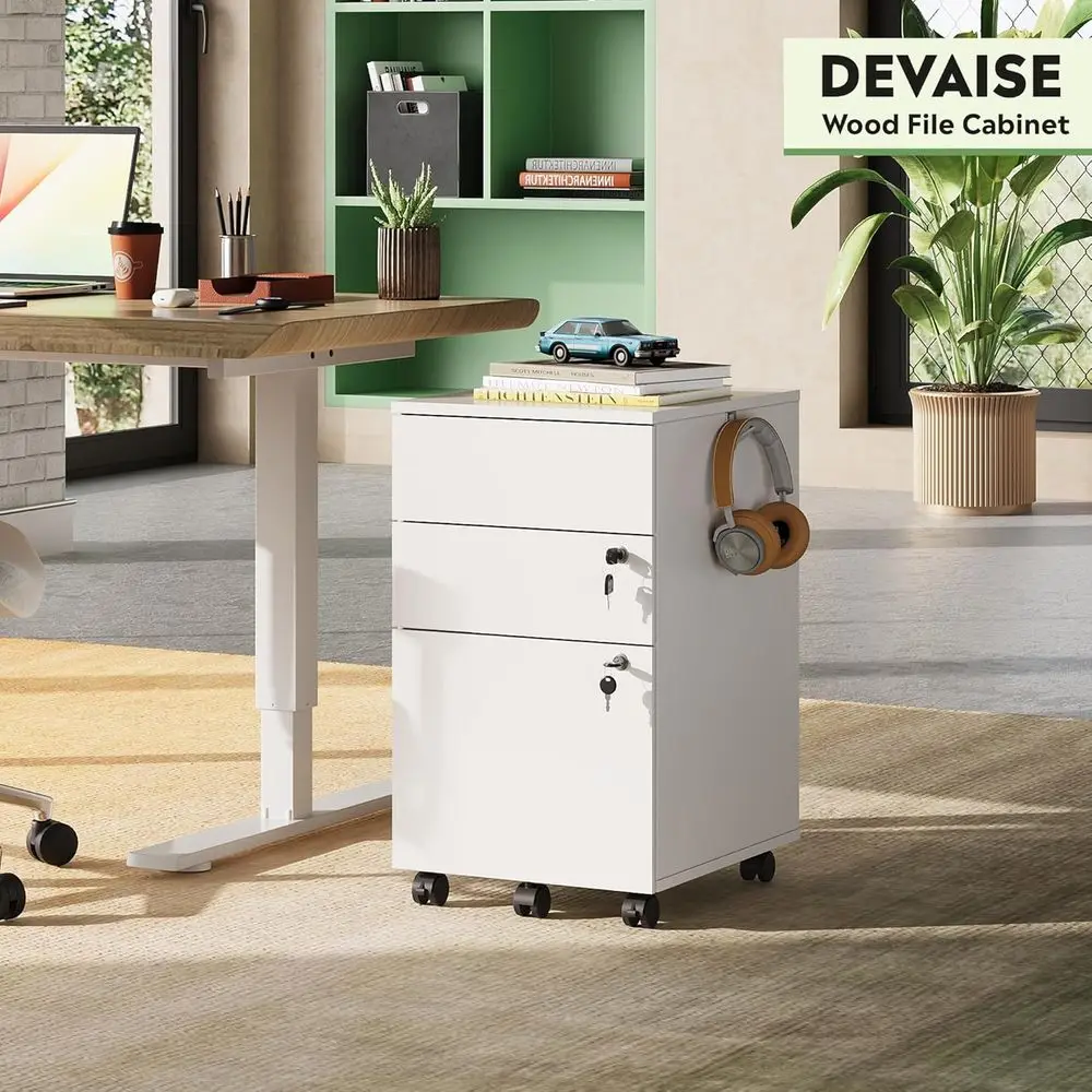 Mobile Cabinet with Lock, White | Wood Rolling Filing Cabinet or Under Desk, Letter/Legal/A4 Size, Home Office